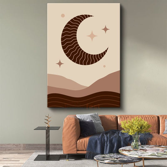 Çöl Gecesi - Dalgalı Minimalist Ay ve Yıldız Kompozisyonu Kanvas Tablo