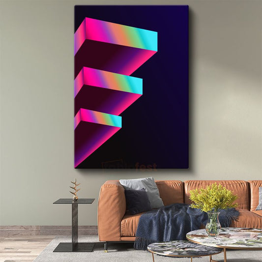 Neon Basamaklar - Geometrik 3D Yapı Kanvas Tablo