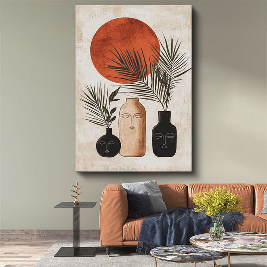 Minimalist Güneş - Geometrik Vazolar ve Yapraklar Kanvas Tablo