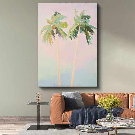 Palmiye Siluetleri - Pastel Tonlarda Minimalist Fırça Darbeleri Kanvas Tablo