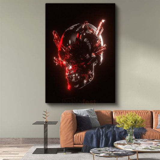 Dijital Kafatası - Kırmızı Kristal Efektli Modern Sanat Kanvas Tablo