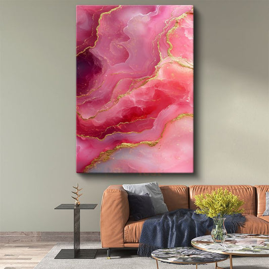 Pembe Mermer - Altın Damarları Olan Soyut Akışkan Sanat Kanvas Tablo