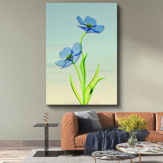 Cam Çiçekler - Minimalist Mavi Flora Kanvas Tablo