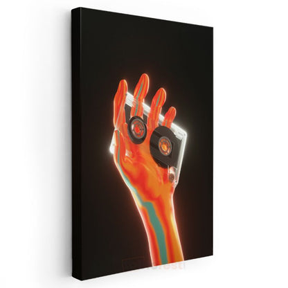 Dijital Nostalji - Neon Renkli El ve Kaset Vektörel Kanvas Tablo