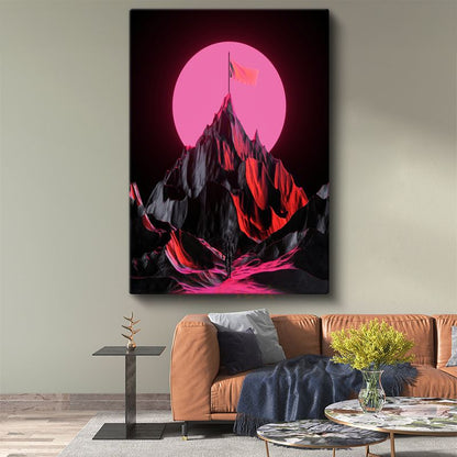 Pembe Zirve - Neon Dağ Silüeti Kanvas Tablo