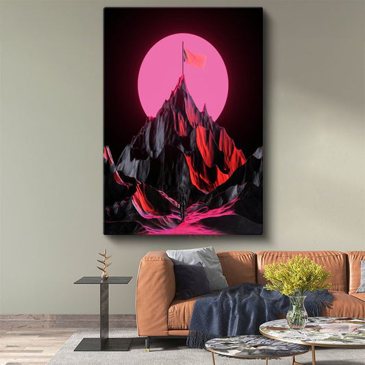 Pembe Zirve - Neon Dağ Silüeti Kanvas Tablo