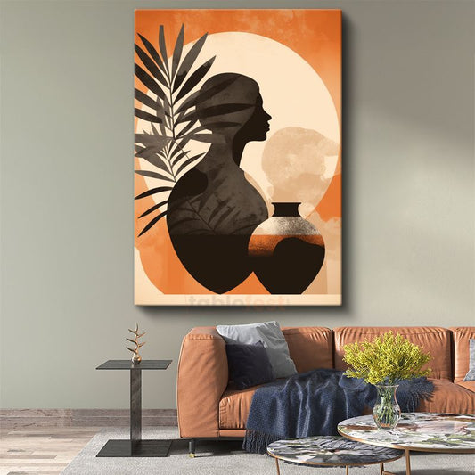 Gün Batımı Silueti - Minimalist Kadın Profili Kanvas Tablo
