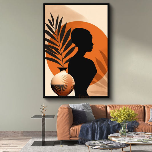 Minimalist Siluet - Turuncu Güneş ve Palmiye Yaprakları Kanvas Tablo