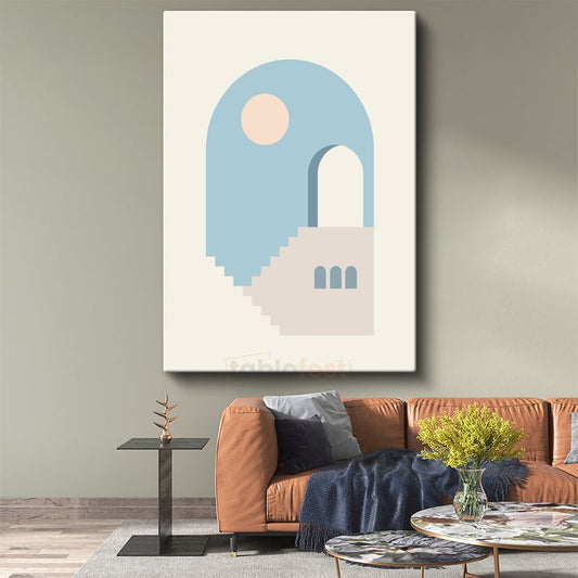 Geometrik Mimari - Mavi Tonlarında Minimalist Merdiven ve Kemer Kanvas Tablo