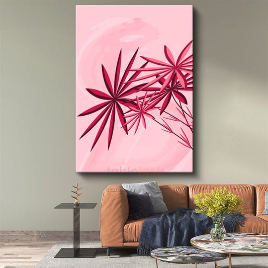 Kırmızı Yıldız Yapraklar - Pembe Tonlarında Geometrik Bitki Desenleri Kanvas Tablo