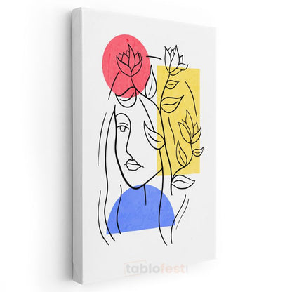 Çizgisel Portre - Minimalist Çiçek Detaylı Kadın Yüzü Kanvas Tablo