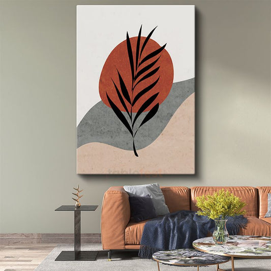 Kızıl Güneş - Minimalist Yaprak Silueti Kanvas Tablo