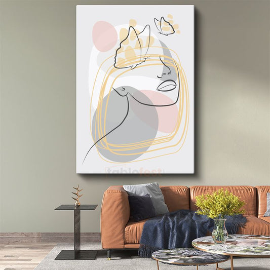 Çizgisel Portre - Kelebekli Minimalist Soyut Tasarım Kanvas Tablo