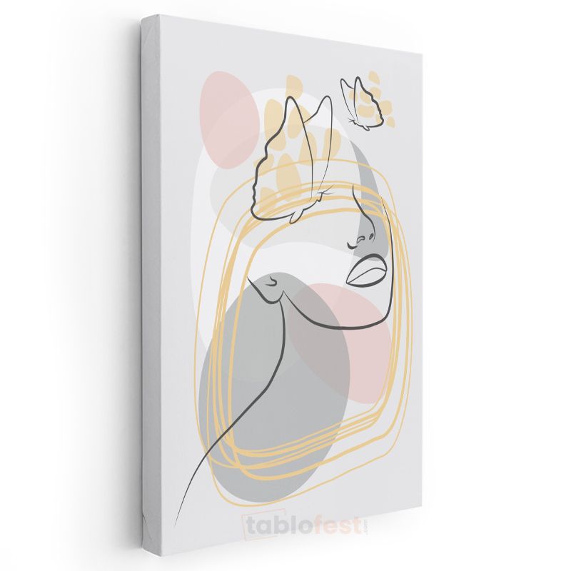 Çizgisel Portre - Kelebekli Minimalist Soyut Tasarım Kanvas Tablo
