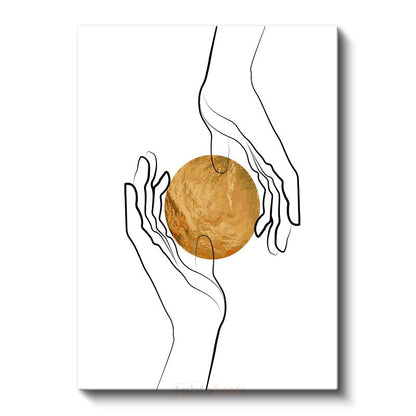 Altın Küre - Minimalist Çizgi Sanatıyla Eller Arasında Denge Kanvas Tablo
