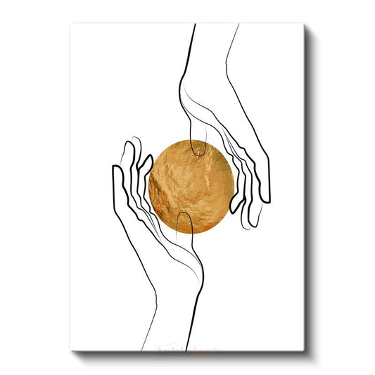 Altın Küre - Minimalist Çizgi Sanatıyla Eller Arasında Denge Kanvas Tablo