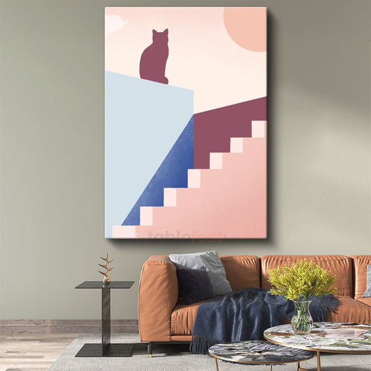 Kedi Silueti - Geometrik Merdivenler ve Pastel Tonlar Kanvas Tablo