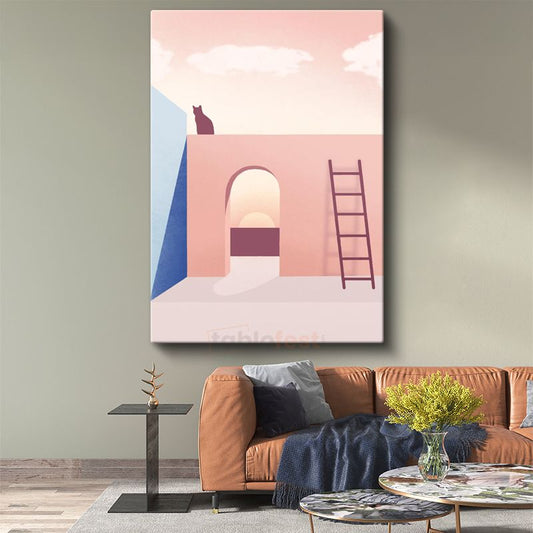 Çatı Kedisi - Minimalist Mimari ve Merdiven Kanvas Tablo