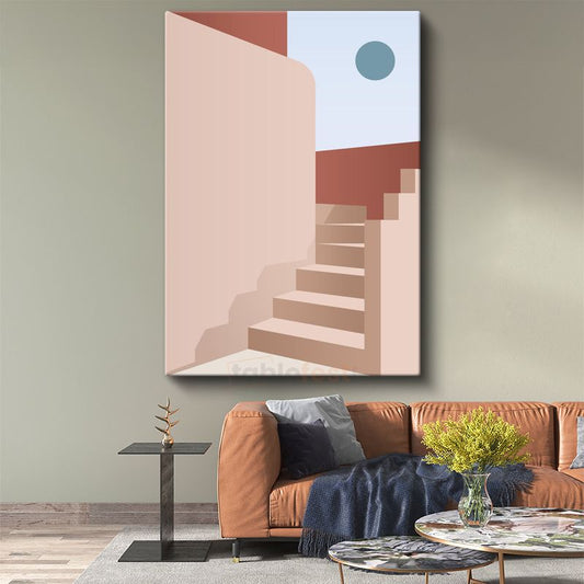 Pembe Merdivenler - Lacivert Duvar ve Geometrik Kontrast Kanvas Tablo