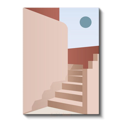 Pembe Merdivenler - Lacivert Duvar ve Geometrik Kontrast Kanvas Tablo