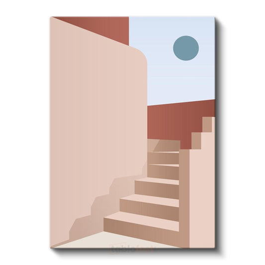 Pembe Merdivenler - Lacivert Duvar ve Geometrik Kontrast Kanvas Tablo