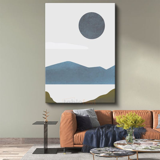 Gri Ay - Mavi Dağlar ve Minimalist Doğa Kanvas Tablo