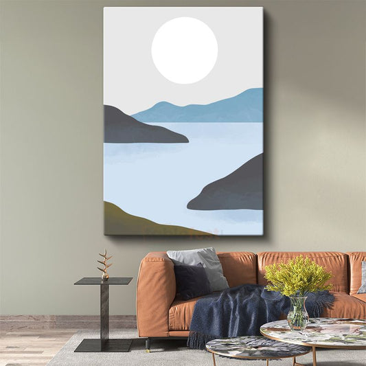 Minimalist Ay - Mavi Dağlar ve Sakin Sular Soyut Kanvas Tablo