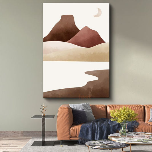 Hilal Işığı - Kahverengi Dağ Siluetleri Minimalist Kanvas Tablo
