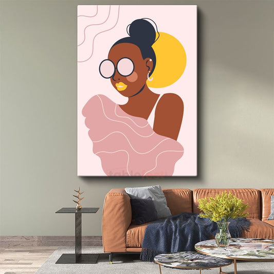 Minimalist Figür - Topuz Saçlı Pembe Detaylı Vektörel Kanvas Tablo
