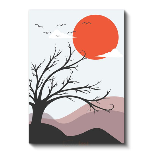 Kızıl Ufuk - Minimalist Ağaç Silueti Kanvas Tablo