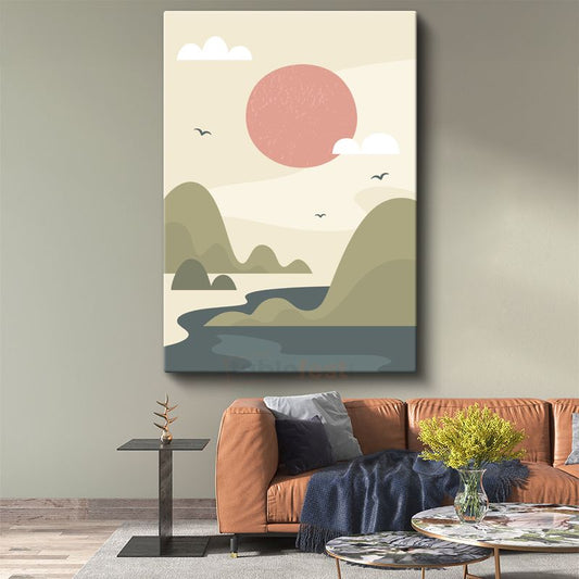 Pembe Güneş - Minimalist Doğa Manzarası Kanvas Tablo