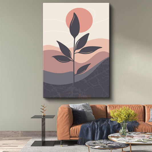 Yalnız Bitki - Dokulu Zeminde Minimalist Doğa Kanvas Tablo