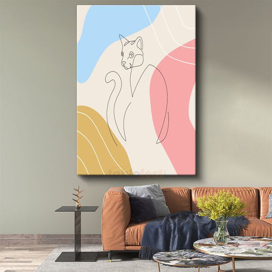Pastel Kedi - Renkli Geometrik Formlarla Çizgisel Kanvas Tablo