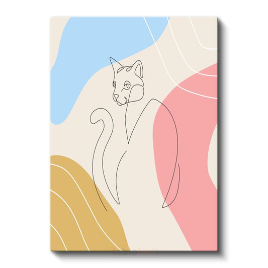 Pastel Kedi - Renkli Geometrik Formlarla Çizgisel Kanvas Tablo