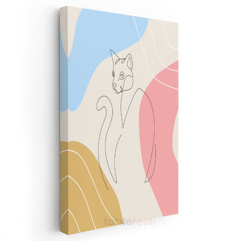 Pastel Kedi - Renkli Geometrik Formlarla Çizgisel Kanvas Tablo