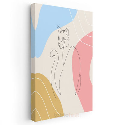 Pastel Kedi - Renkli Geometrik Formlarla Çizgisel Kanvas Tablo