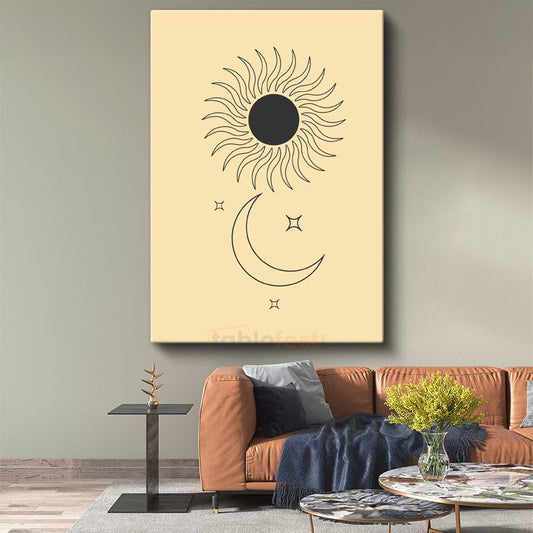 Kozmik Denge - Minimalist Güneş ve Ay Motifli Kanvas Tablo
