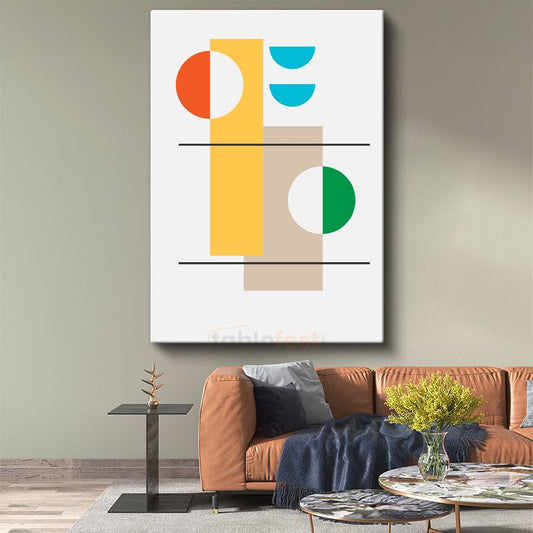 Geometrik Denge - Renkli Yarım Daireler ve Dikdörtgenlerle Minimalist Kanvas Tablo