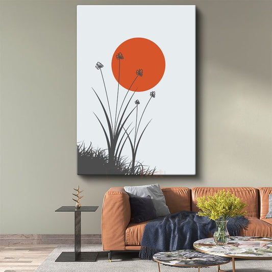 Minimalist Doğa - Turuncu Güneş ve İnce Çizgilerle Soyut Kanvas Tablo