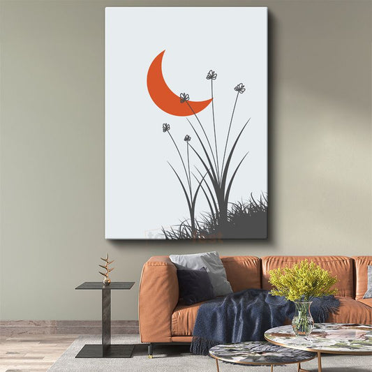 Turuncu Hilal - Minimalist Çiçek Siluetleri Kanvas Tablo
