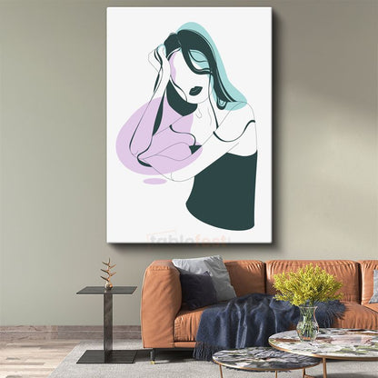 Minimalist Çizgi Sanatı - Turkuaz Lila Tonlarında Soyut Kadın Silueti Kanvas Tablo