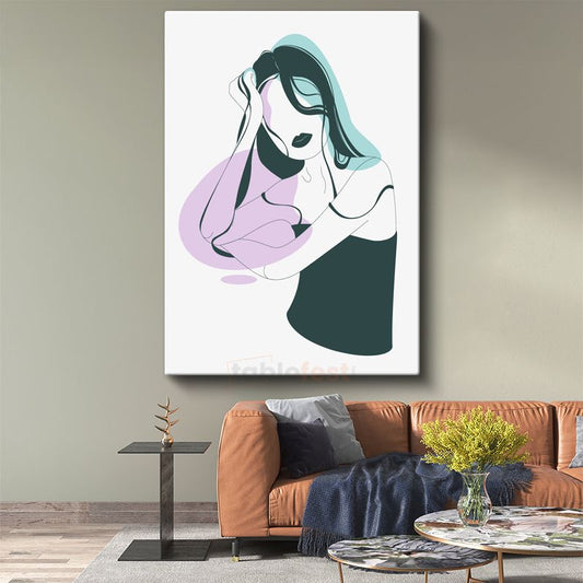 Minimalist Çizgi Sanatı - Turkuaz Lila Tonlarında Soyut Kadın Silueti Kanvas Tablo