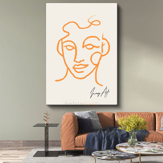 Minimalist Çizgi - Turuncu Tek Çizgi Portre Kanvas Tablo