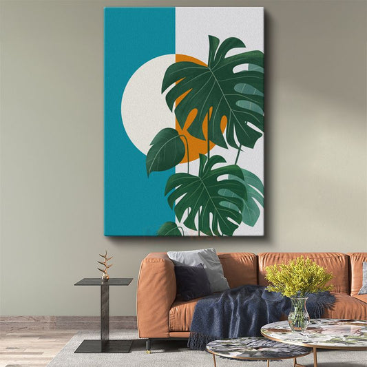 Monstera Yaprakları - Turkuaz Minimalist Kompozisyon Kanvas Tablo