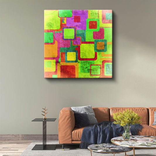 Neon Kareler - Retro Geometrik Desen Kanvas Tablo
