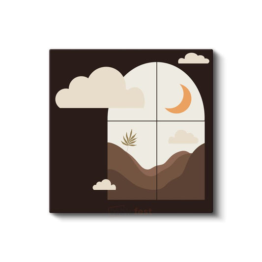 Minimalist Gece - Geometrik Ay ve Dağlar Kanvas Tablo