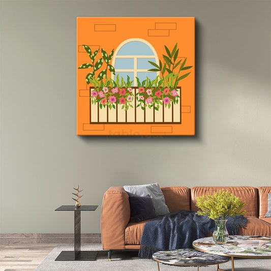 Çiçekli Balkon - Turuncu Sıcaklığında Minimalist Çizgi Sanatı Kanvas Tablo