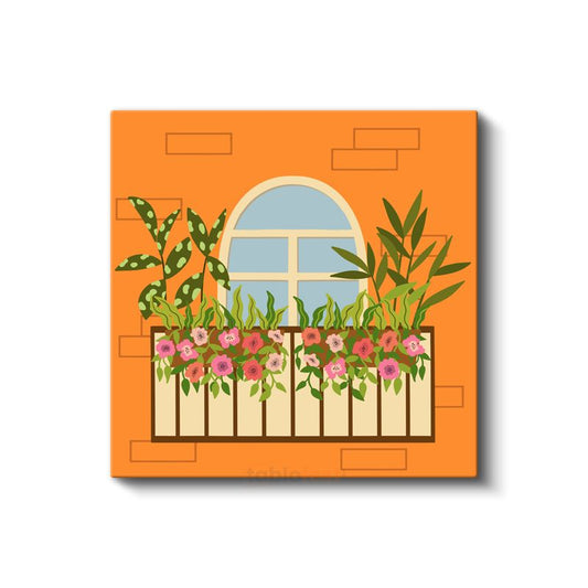 Çiçekli Balkon - Turuncu Sıcaklığında Minimalist Çizgi Sanatı Kanvas Tablo