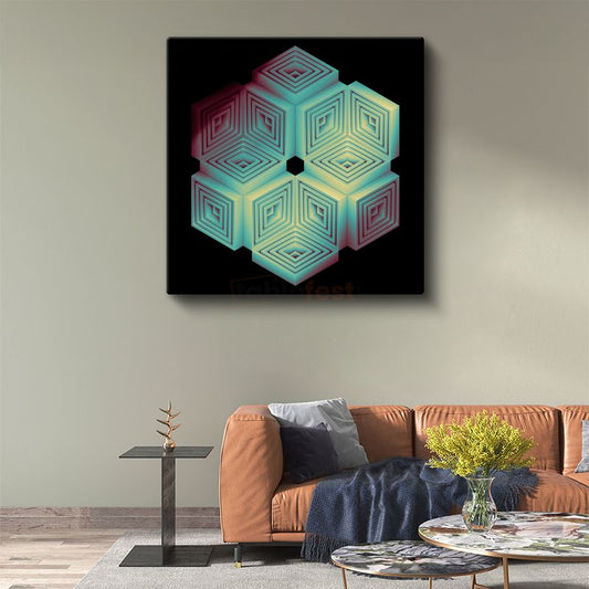 Geometrik Küp İllüzyon - Neon Renkli 3D Tasarım Kanvas Tablo