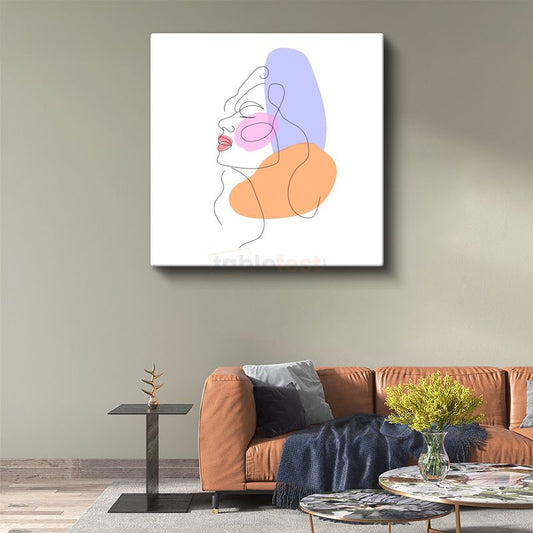 Minimalist Portre - Tek Çizgi Tekniği Renkli Lekeler Kanvas Tablo